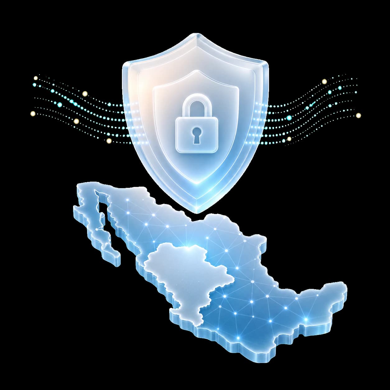 Escudo translúcido protegiendo datos sobre un mapa abstracto de México con Durango destacado
