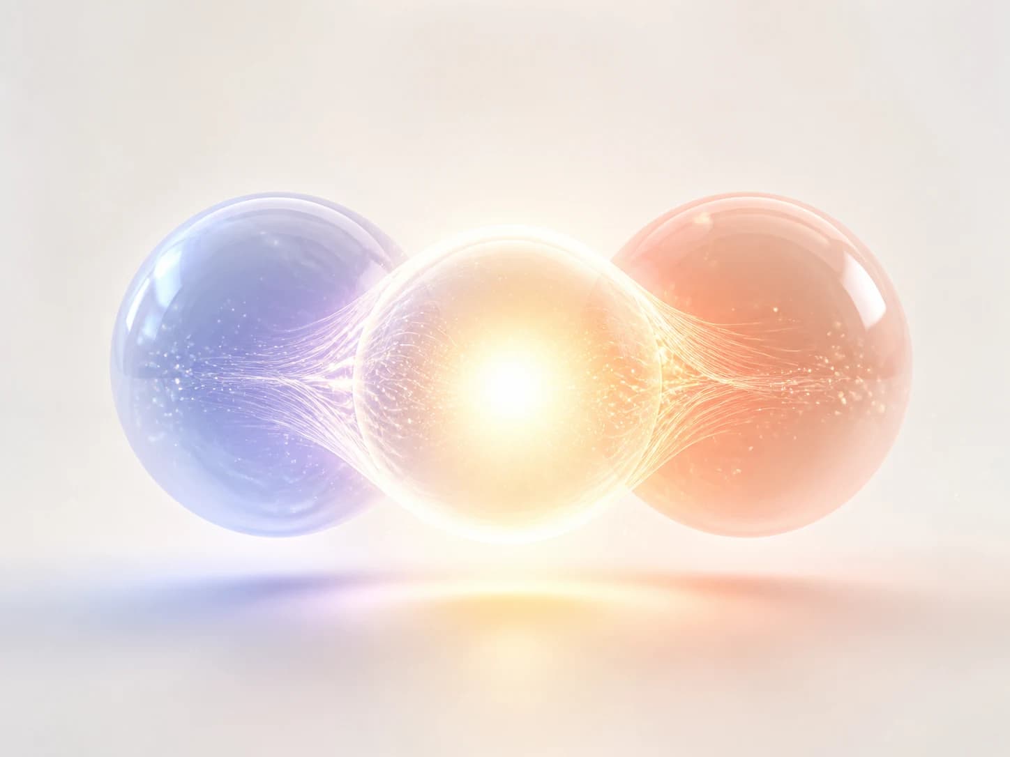 Dos esferas luminosas de inteligencia artificial fusionándose en una sola esfera central