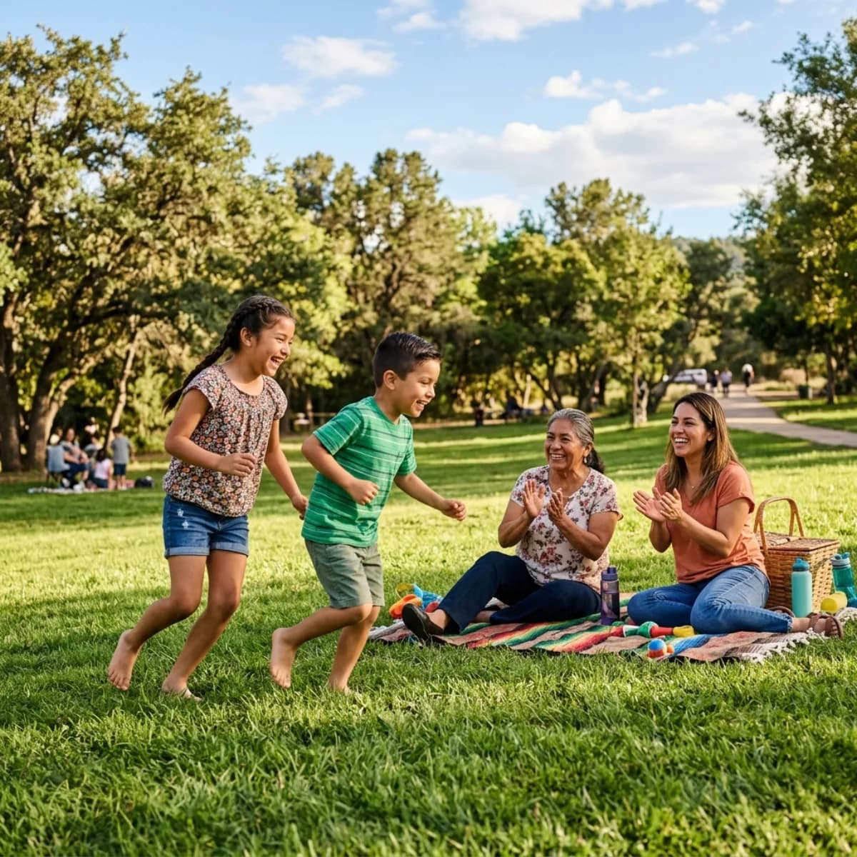 Familia mexicana multigeneracional disfrutando una tarde en un parque de Durango, abuela, mamá y niños jugando