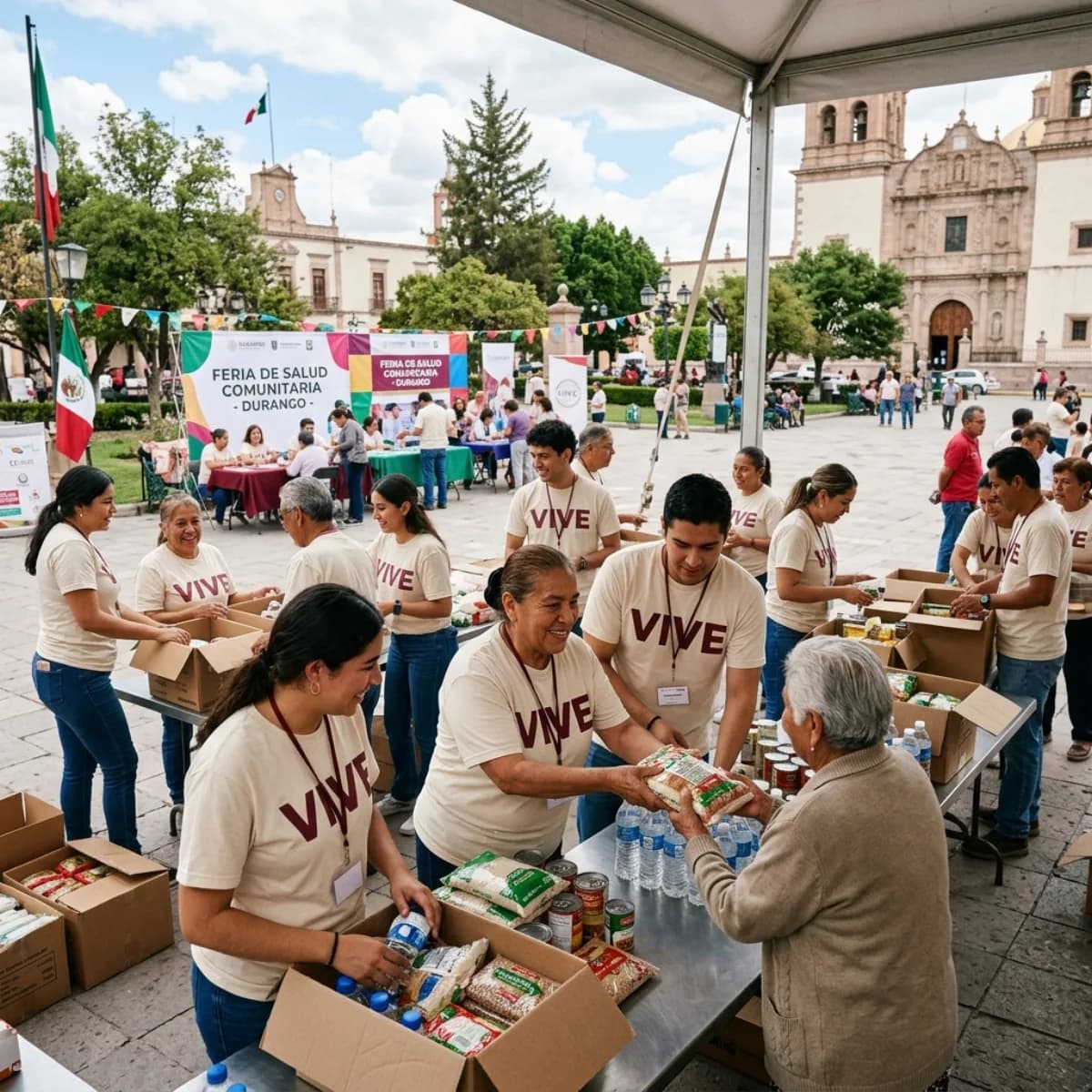 Voluntarios mexicanos con playeras VIVE distribuyendo apoyos en una feria de salud comunitaria en Durango
