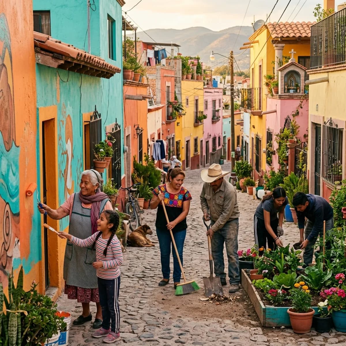 Vecinos mexicanos ayudándose mutuamente en una colonia colorida de Durango