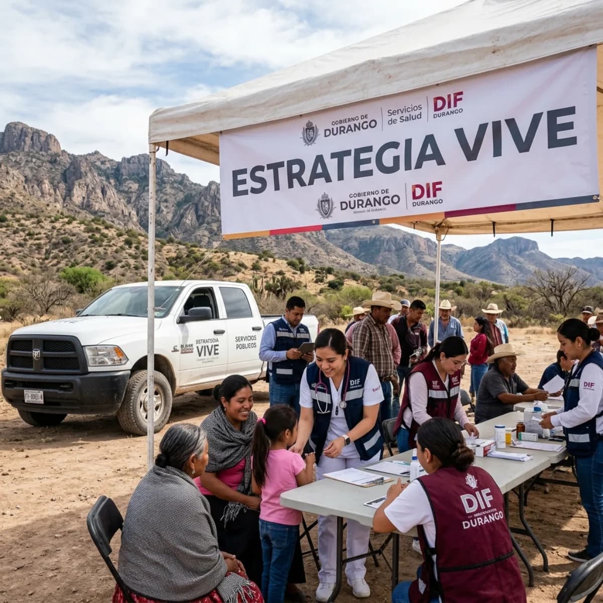 Brigada de servicios públicos del Gobierno de Durango atendiendo a familias en zona rural, banner Estrategia VIVE