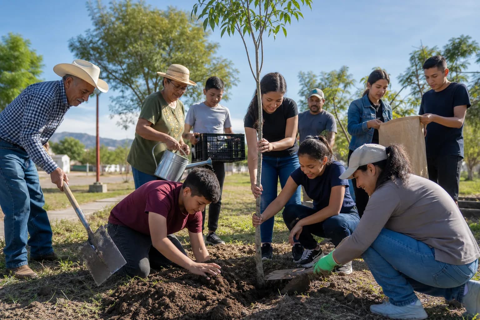 Personas de distintas generaciones plantan un árbol durante una actividad comunitaria en Durango